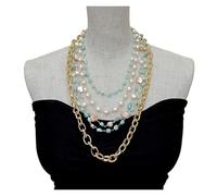 ICXLPMC 5 Strands Larimar Freeform Cultured White Pearl Blue Shell Rosary Chain statement Necklace 18.5"