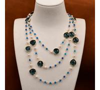 ICXLPMC 54'' Freshwater Cultured White Pearl Blue Crystal Sweater Chain Agates Long Necklace Cute Stlye For Women