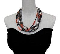 ICXLPMC 6 Rows 4MM Hematite Black Cultured White Rice Pearl Red AgateNecklace
