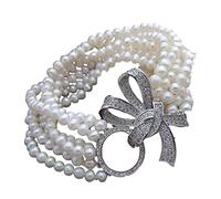 ICXLPMC 8" 6 Strands Round Cultured White Freshwater Pearl Bracelet Cubic Zirconia Pave Clasp