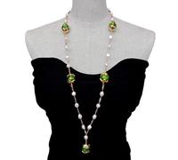 ICXLPMC 8-9mm White Baroque Pearl Pave Rosary Chain 20mm Green Murano Glass Necklace
