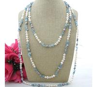 ICXLPMC 93" Aquamarine chips White Baroque freshwater Pearl long Necklace Jewelry Gift