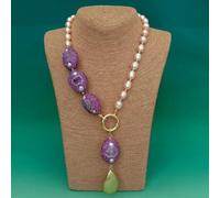 ICXLPMC 9x11mm Cultured Purple Rice Pearl 26x34mm Amethyst Crystal Pendant Charm Necklace Jewelry For Women