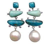 ICXLPMC Blue Apatite Green jewelry geometric White Baroque Freshwater Pearl pave white Gold filled Stud Earrings