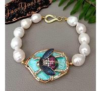 ICXLPMC Blue chunk Insect Cultured White Rice Freshwater Pearl Bracelet 8"