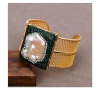 ICXLPMC Brazalete de perlas Keshi blancas auténticas, chapado en oro tradicional con circonita verde, pulsera de perlas de trefilado pavimentado, joyería for fiesta y boda
