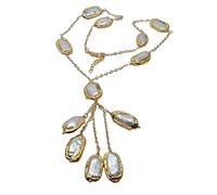 ICXLPMC Cadena de eslabones chapada en color dorado, collar de perlas Biwa blancas cultivadas en agua dulce, 19"