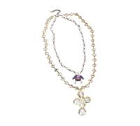 ICXLPMC Cadena de rosario de perlas blancas de 2 filas, collar de cadena de circonio cúbico, dije de abeja, colgante de crucifijo de perlas y monedas