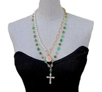 ICXLPMC Chrysoprase Freeform White Round Freshwater Pearl Queen Conch Cross Charm statement Necklace 22"