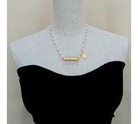 ICXLPMC Clear Quartz Bar Pendant Cultured White Freshwater Pearl Link Chain Choker Necklace 18"