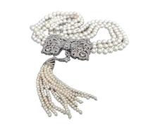 ICXLPMC Collar con colgante de borla con forma de lazo y perlas de agua dulce redondas blancas cultivadas de 3 hebras