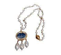 ICXLPMC Collar de cadena de rosario de perlas blancas cultivadas naturales de agua dulce, colgante de perlas de arroz de cianita azul de 18"