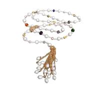ICXLPMC Collar de cadena for suéter con borlas de cristal multicolor, largo, perla blanca cultivada, 41 ", regalos for mujer