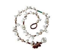 ICXLPMC Collar de cadena for suéter con lazo de jade rojo y perla Keshi blanca cultivada con perforaciones superiores de 25 ", estilo vintage for mujer, regalo de fiesta