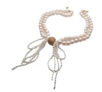 ICXLPMC Collar de perlas blancas cultivadas de agua dulce, 2 filas, 10-11mm, joyería con diseño de lazo, 16"