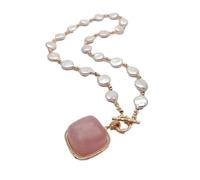ICXLPMC Collar de perlas tipo moneda blancas cultivadas de 12 mm, colgante cuadrado con pavé de cuarzo rosa de 29 mm, 19,5"