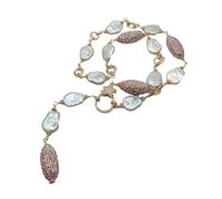 ICXLPMC Collar de rosario con cuentas de cristal pavé en forma de lágrima de 17x22 mm con perlas blancas cultivadas en agua dulce de 15x33 mm