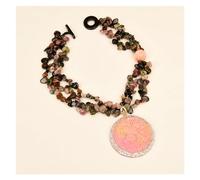 ICXLPMC Collar de turmalina de 3 hebras con perforaciones superiores naturales, colgante de gemas pavimentadas de circonia cúbica con flor tallada de ágata Yanyuan rosa