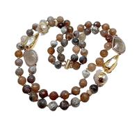 ICXLPMC Collar Druzy de cuarzo con perlas de cristal de ágata de fuego marrón facetado de 2 hebras de 21"