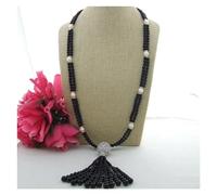 ICXLPMC Collar largo con borlas de perlas blancas cultivadas negras de 2 hebras, 33"