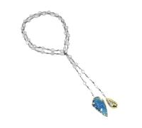 ICXLPMC Collar largo con cadena pavimentada de circonia cúbica, Perla Barroca Keshi gris cultivada, color bronce, cristal azul, flecha áspera, colgante de perla Biwa