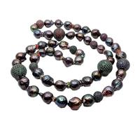 ICXLPMC Collar largo con cuentas de pavé de circonita cúbica multicolor, perla Keshi negra cultivada en agua dulce, 36"