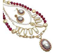 ICXLPMC Conjunto de pendientes y collar llamativos con colgante de perlas de agua dulce de arroz Biwa de ágata roja for mujer