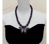 ICXLPMC Cubic Zirconia Pave Butterfly Pendant Purple Tiger Eye Round Smooth Amethyst Necklace 21"