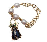 ICXLPMC Cubic Zirconia Pave Insect Charm Freshwater Cultured White Rice Pearl Electroplated Gold Chain Bracelet 8'