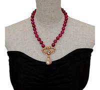 ICXLPMC Cubic Zirconia Pave Keshi Pearl Pendant 18" 12mm Smooth Round Fuchsia Tiger Eye Necklace