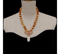ICXLPMC Cubic Zirconia Pave White Keshi Pearl Pendant 18" 12mm Smooth Round Yellow Tiger Eye Necklace