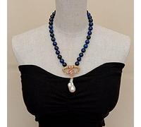 ICXLPMC Cubic Zirconia Pave White Keshi Pearl Pendant 19" Blue Round Tiger Eye Necklace