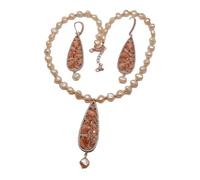 ICXLPMC Cultured Potato Freshwater Pearl Bezel Set Orange Cat Eye Pendant Necklace Earrings Set