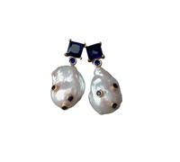 ICXLPMC Cultured White BNucleated Flameball Baroque Pearl Blue Cubic Zirconia pave square Stud Earrings