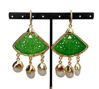 ICXLPMC Cultured White Coin freshwater Pearl Green fan Shape Jade Carved Stud Earrings ethnic style Women Jewelry