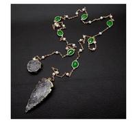 ICXLPMC Cultured White Pearl Green Jade Rosary Chain Long Necklace 31x62mm Quartz Rough Arrow Head Shape Charm Pendant