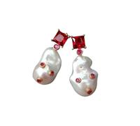 ICXLPMC Cultured White Reborn Keshi Pearl Red Cubic Zirconia pave Stud Earrings wedding for women