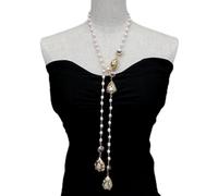 ICXLPMC Cultured White Rice Pearl 22x31mm 15mm Purple Glass Long Rosary Chain Necklace