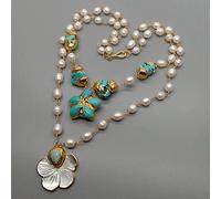 ICXLPMC Cultured White Rice Pearl Blue Carved Shell Flower Pendant Necklace 19"
