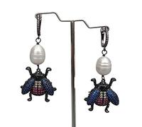 ICXLPMC Cultured White RicePearl Pave Beetle gunmetal color lever Earrings