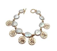 ICXLPMC Freshwater 14x17mm White Coin Pearl 16mm Charm Beaded Bracelet 18 K GP toggle clasp Women Fashion Jewelry