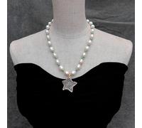 ICXLPMC Freshwater Cultured 12x14mm White Rice Pearl Blue Necklace 35mm White Quartz Rough Star Pendant