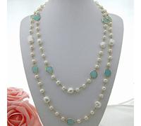 ICXLPMC Freshwater Cultured White Baroque Pearl Blue Crystal Chain Long Station Necklace 44"