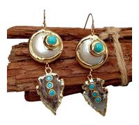 ICXLPMC Freshwater Cultured White Coin Pearl Blue Crystal White Quartz Arrowhead Dangle Hook Earrings