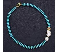 ICXLPMC Freshwater Cultured White Keshi Pearl Blue Disc Necklace 20"