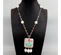ICXLPMC Freshwater Cultured White Rice Pearl Crystal Pave Rosary Chain Neckace Jadeite Carved Elephant Pendant