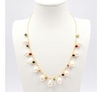 ICXLPMC Freshwater Cultured White Rice Pearl Multi Color Cubic Zirconia Pave Chain Necklace 18" Pearl Pendant For Women