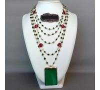 ICXLPMC Green Agate Pendant 5 Strands 18'' White Pearl Green red Crystal Chain Necklace vintage party style