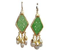 ICXLPMC Green Rhombus Jade Carved Cultured White Freshwater Pearl Dangle Stud Earrings vintage style for women