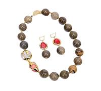 ICXLPMC Huge 22MM Mix Color Jasper White Pearl Red Coral Gold Edge Beaded Necklace Earrings Sets For Women Heavy Jewelry